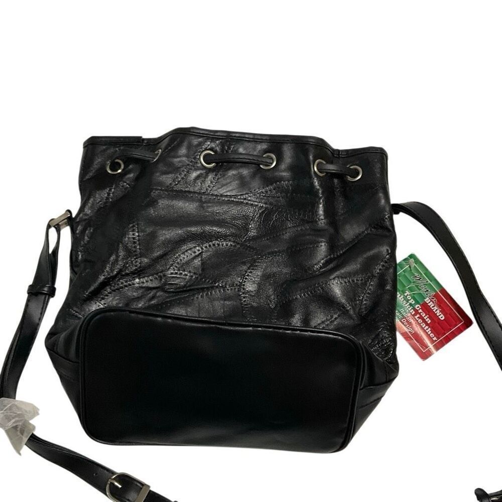 Maxam Lambskin Patchwork Mosaic Drawstring Bag, Black NWT Vintage - Picture 8 of 16